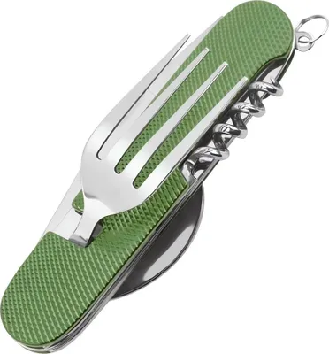 Produktbild von 6-in-1 Camping Besteck klappbar in Grün , Reisebesteck aus rostfreiem Edelstahl, Outdoor Essbesteck Survival Klappbesteck Bundeswehr Feldbesteck