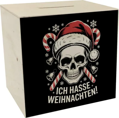 Produktbild von Totenkopf Weihnachtsmann Spardose aus Holz - Ich hasse Weihnachten