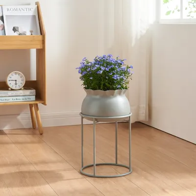 A plant stand with a potted blue flower sits on a wooden floor next to a bookshelf.