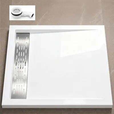 Produktbild von doporro Duschtasse Duschwanne 80x90x5cm flach aus Acryl in Weiß Rechteckig inkl. Ablaufgarnitur AL02 DIN-Anschlüsse für bodenebene Montage geeignet Xetro04W