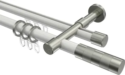 Produktbild von Interdeco Rundrohr-Innenlaufstange / Gardinenstange (Kombination) Weiß / Edelstahl-Optik, Typ Prestige Mavell (Zylinder Bicolor), 20 mm Ø 2-läufig, 360 cm