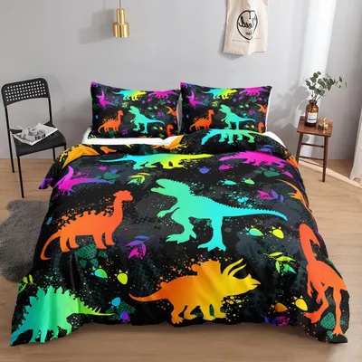 Immagine prodotto di Set di lenzuola con motivo dinosauri, 135x200 cm, 80x80 cm, 2 pezzi, in microfibra, con cerniera, colorato