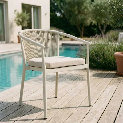 Produktbild von Gartenstuhl TAVOLO 6er Set, cremeweiß – wetterfestes Aluminiumgestell mit Rope-Rückenlehne und Sitzkissen, stapelbar pflegeleicht modern Gartensessel Outdoor