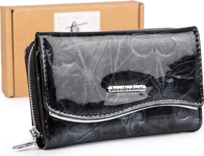 Produktbild von Jennifer Jones Große Damen-Geldbörse aus lackiertem Echtleder Schmetterlingsmotiv Schwarz
