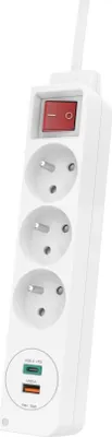 Imagen del producto de Regulador múltiple, 3 enchufes, USB-C/A 18 W, compatible con PD/QC™, interruptor, conexión plana, 1,4 m