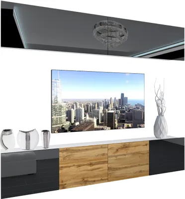 Immagine prodotto di BELINI Set di pareti attrezzate per il soggiorno Parete attrezzata moderna con illuminazione a LED Bianco lucido Parete attrezzata mobile TV Nero/rovere Wotan lucido/opaco