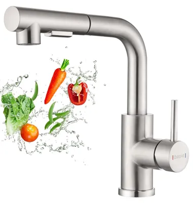 Immagine prodotto di Rubinetto da cucina estraibile con getto a nebbia - Acciaio inossidabile spazzolato - Rotazione a 360° - Miscelatore monocomando