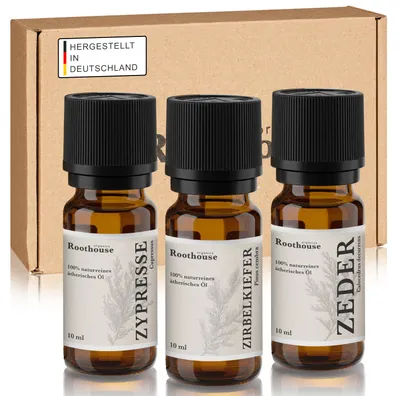 Produktbild von Roothouse-Organics® 3er WaldSet – 100% naturreine ätherische Öle – 3 x 10 ml – Duftöl Set für Diffuser, Duftlampe & Saunaaufguss – Waldduft