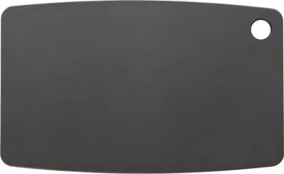 A dark gray cutting board with a rounded corner and a hole in the top right corner.