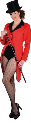 A woman in a red tailcoat and top hat holding a cane.