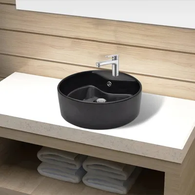 Produktbild von Keramik Waschbecken Hahnloch/Überlaufloch schwarz rund