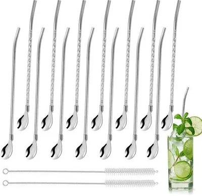Produktbild von Famanu Set von 16 Trinkhalmen mit Löffel - 2-in-1 Trinkhalme für Getränke - Silber - Edelstahl - Wiederverwendbar
