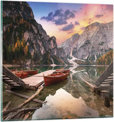 Produktbild von Bilder auf glas - Einteilig - Boote Berge See - 30x30cm - Glasbilder - Wandbilder - Bilder - zum Aufhängen bereit - Wanddekoration aus Glas - Glas Bilder - Wandbild auf Glas - GAC30x30-4638