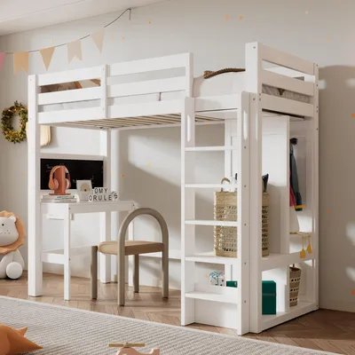 Produktbild von Hochbett mit Schreibtisch Offener Kleiderschrank und Regalen Kinderbett mit Lattenrost und Rausfallschutz Liegefläche 90x200cm, (ohne Matratze)
