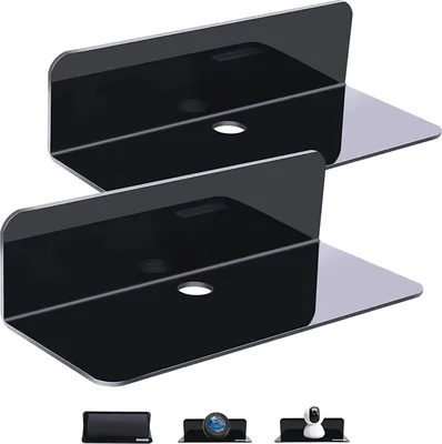 Two black acrylic shelves are shown stacked, with smaller images of potential items to place on shelves at the bottom.