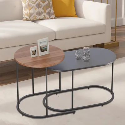 Produktbild von Mulisoft Couchtisch, Beistelltischduo aus MDF mit Pulver beschichteten Metallbeinen, Elliptisch, Sofa Beistelltisch für Wohnzimmer, Schwarz/Braun