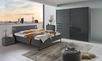 Produktbild von Schlafzimmer-Set >Tilburg< (4tlg.) Bett 168x92x210cm, Schrank, 2 Nachtkommoden, in Grafit