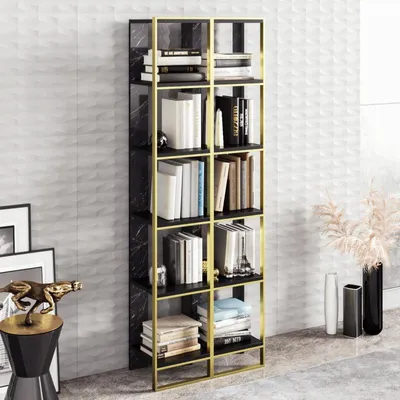 Image de Bibliothèque Étagère lot de 2 en bois MDF mélaminé et métal doré noir 32,2 x 31,3 x 178,5 cm Baroque