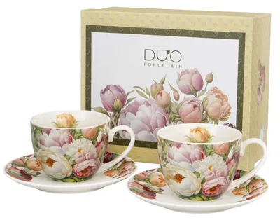 Image de DUO | Tasse à thé - Tasse à café - Tasses et soucoupes - 270 ml - Lot de 2 - En porcelaine - Pivoines