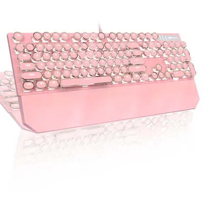 Produktbild von Mechanische Gaming Tastatur 104 Tasten USB, Blue Switch Keyboard mit Handballenauflage, Retro Rundtasten, Weiße Licht, Rosa