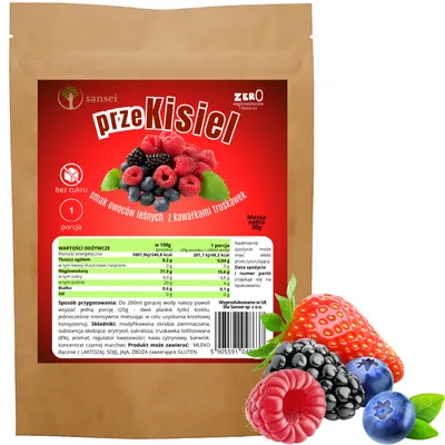 Zdjęcie produktu dla Kisiel Bez Cukru smak owoców leśnych z truskawką 20g - 1 porcja! FIT KETO tylko 48 kcal