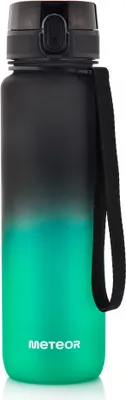 A black and green gradient water bottle with a black strap.