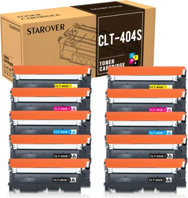 A box of toner cartridges with multiple cartridges stacked in front.