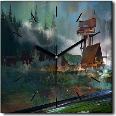Produktbild von Coloray Uhr auf Leinwand 30x30 cm Wand Uhr Dekoration Wohnzimmer Segeltuch schwarze Hände -Berge Landschaftshäuser