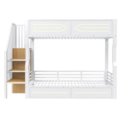 Produktbild von Flieks Etagenbett 90x200cm mit Kleiderstange und Staufächern, Jugendbett Metallbett mit Led, Hochbett Kinderbett mit Treppe und Lattenrost, Weiß