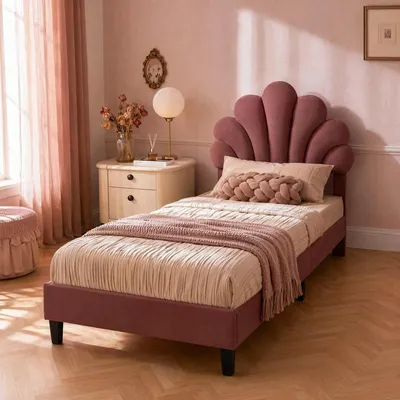 Immagine prodotto di Letto imbottito ProximaX, dimensioni 90x200 cm, color borgogna, con testiera a forma di fiore regolabile in altezza