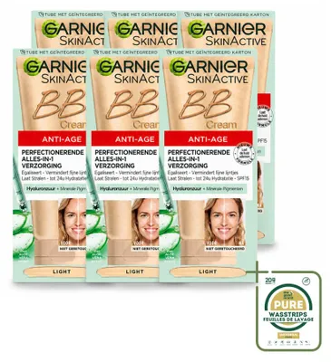 Imagen del producto de 6 unidades de crema BB antiedad Garnier SkinActive, tono claro - Crema de día con color, 50 ml - Paquete ahorro