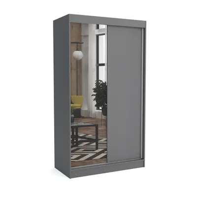 A gray wardrobe with a mirrored door, shown in a studio setting with a reflection of a room.