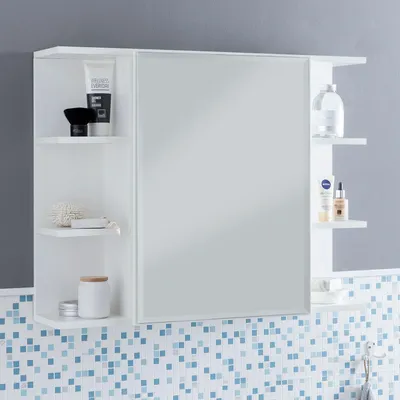 Image de FineBuy Armoire suspendue FB51815 Blanc 80x64,5x20cm panneau de particules Armoire de toilette moderne Étagère de salle de bain en bois suspendue Armoire de salle de bain avec miroir