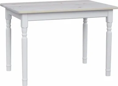 A white table with a natural wood top, presented against a white background.
