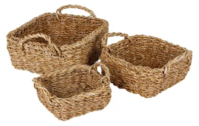 Image de Paniers en jonc de mer Angulaire Set de 3 paniers tressés avec poignée Panier de rangement