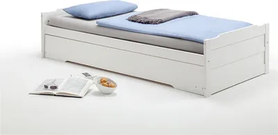 Produktbild von Ausziehbett LORENA in 90 x 190 cm, schönes Tagesbett aus Kiefer massiv in weiß, praktisches Jugendbett mit Auszugskasten