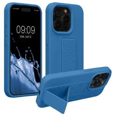 Produktbild von kwmobile Handyhülle für Apple iPhone 15 Pro Hülle - TPU Silikon Case mit Fingerhalter und Stand - Schutzhülle Cover in Karibikblau
