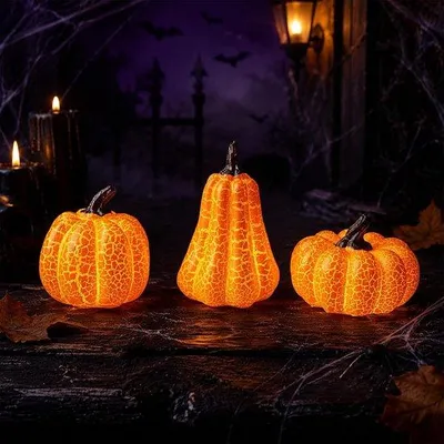 Productafbeelding van 3 Stuks Halloween Decoratie Pompoendecoratie met Ledlicht Craquelé Effect