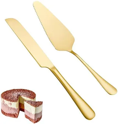 Immagine prodotto di Ibenzoa® Set da taglio e servizio per torte dorato in acciaio inossidabile, composto da 2 pezzi: coltello per torte con lama seghettata e spatola per torte, manico ergonomico, lavabile in lavastoviglie