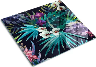 Produktbild von Glasplatte zum Schutz der Kochfläche – Abdeckung für die Kochplatte – Abdeckung für Induktionskochfelder – 60x52 cm – Einfache Reinigung – Gehärtetes Glas – Aquarell-Motiv: Orchidee