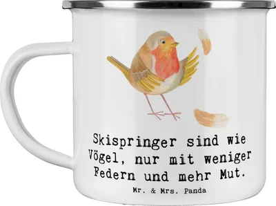 Produktbild von Mr. & Mrs. Panda Teebecher Skispringen Mut - Weiß - Geschenk, becher emaille, Pott, Skispringer, Humor, Tasse, Sportler, Sport, blechbecher, Fliegen, Sportart, Teetasse