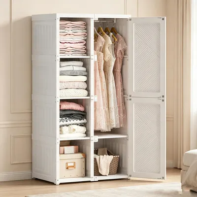 Produktbild von INONEFT Kleiderschrank,69x50x136cm,Faltbarer Mehrzweckschrank mit 1 Kleiderstange,5 Fächern,magnetische Türen, Garderobenschrank für Wohnzimmer,Weiß
