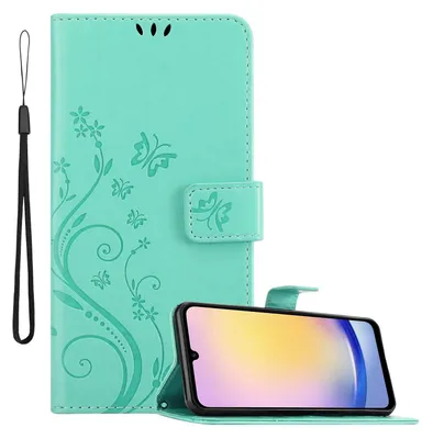 Produktbild von Cadorabo Hülle für Samsung Galaxy A26 Hülle in FLORAL TÜRKIS Schutzhülle im Blumen Design mit Magnetverschluss, Standfunktion und Kartenfächern Book Case Cover