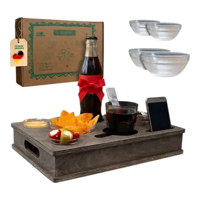 Produktbild von Couchbox mit 4 Glasschalen in Grau | Couchbar Snackbox für Snacks und Getränke | Snackbar für die Couch | Couch Tablett mit Getränkehalter