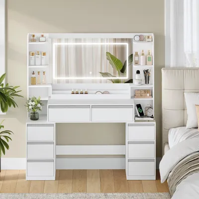 Productafbeelding van Kaptafel Met Spiegel - Wit-Zilver - 40x135x145 cm - Spaanplaat - Slaapkamermeubilair