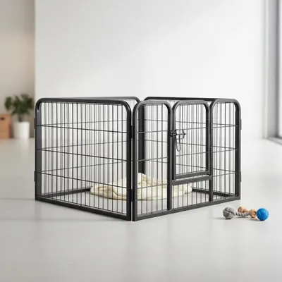 A black metal dog playpen is set up on a light gray floor in a well-lit room.