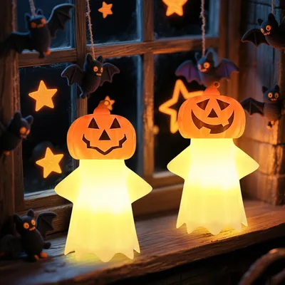 Produktbild von Halloween Deko Innen Lantern: (Drei Kombinationsstile werden zufällig versendet) Dieses Halloween Deko Kürbis Geister Lantern enthält 2 arten kleiner und niedlicher halloween lichterkette geister, edes Licht misst 7cm*5.5cm*11cm und verwendet eine spezielle gravurtechnologie, um sicherzustellen, dass sie mit der zeit nicht verblassen. Diese warmen orangefarbenen lichter haben ein entzückendes 3d-design, das tischplatten, bäume und gärten beleuchtet.Halloween Kürbis Lantern: Die Halloween Deko Kürbis Geister