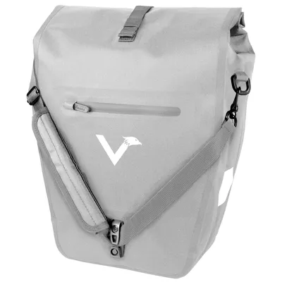 A grey waterproof bicycle bag with a logo.