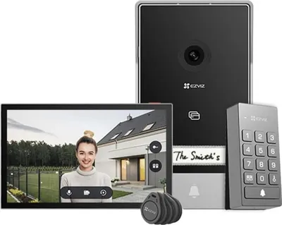 A product shot of a video intercom system with multiple components.