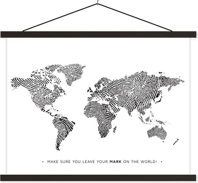 Produktbild von MuchoWow® Textilposter Weltkarte - Schwarz - Fingerabdruck 60x45 cm mit schwarzem Rahmen - Poster Schlafzimmer